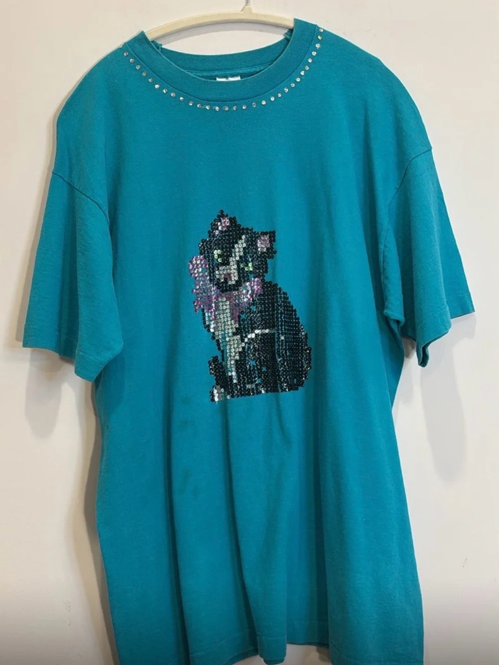 Vintage 90s BVD Premium Series Teal Cat T-Shirt XXL Made in USA Sequin Bedazzled